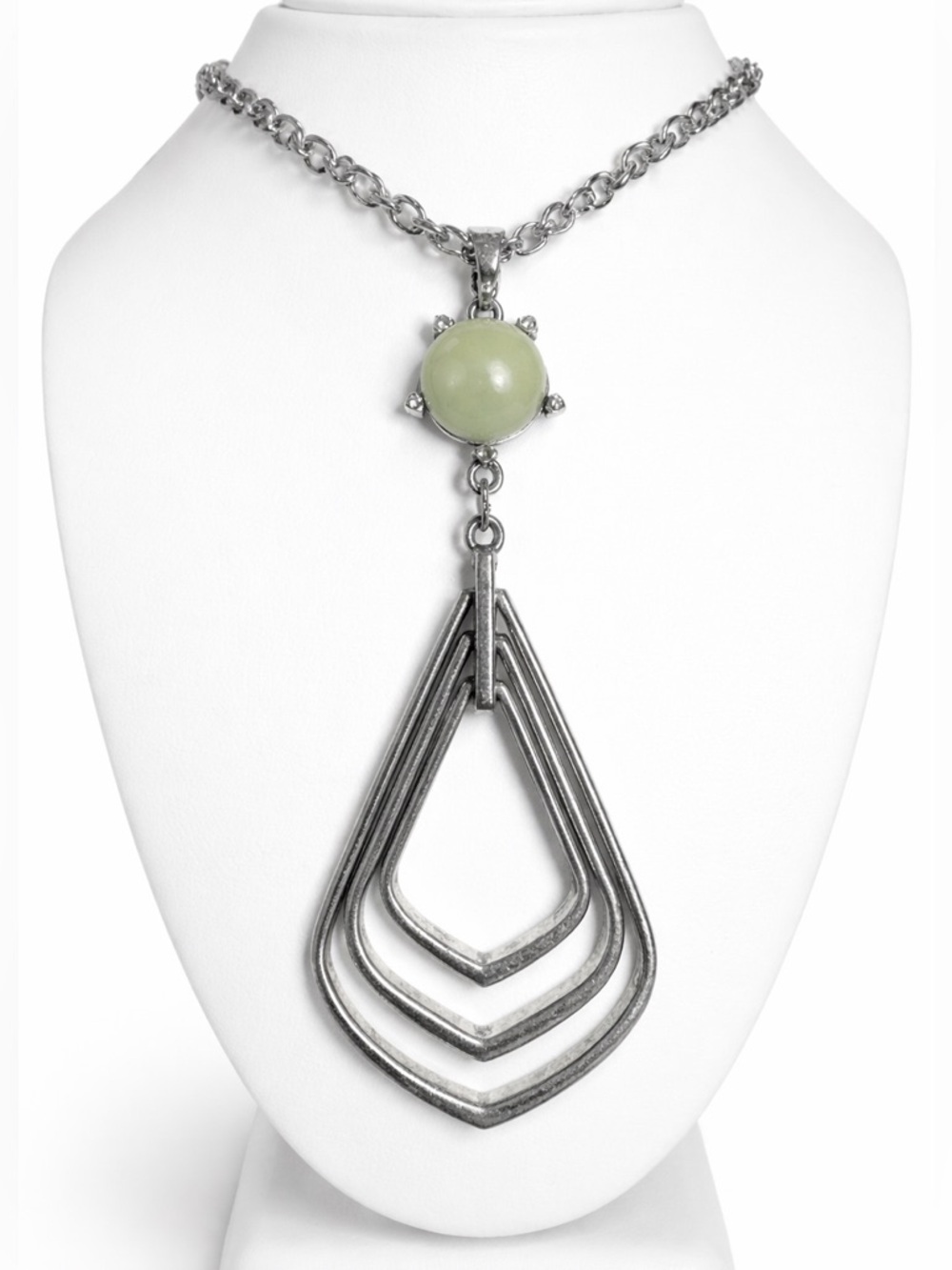 *Silver Pendant Necklace w/ Rhinestones and Cream Stone Crystal 18"
